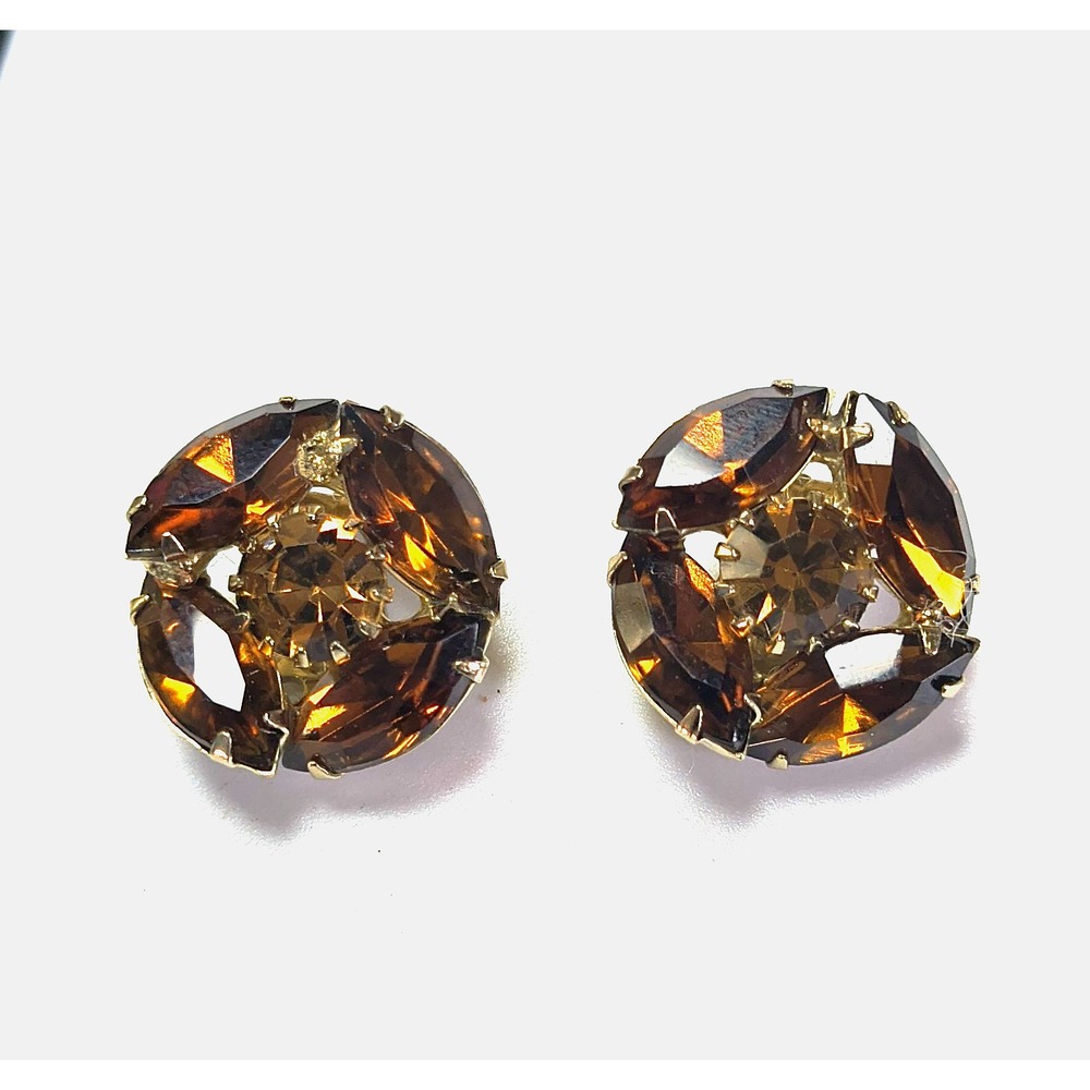 Weiss Clip On Earrings Root Beer Topaz Rhinestones Prong Set Marked 50s MCM